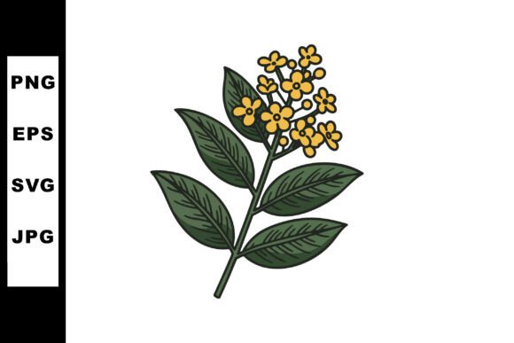 Branch with Yellow Flowers and Green Leaves Graphics