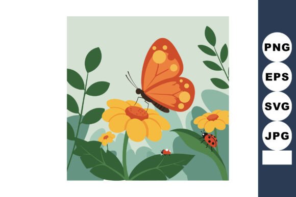 Butterfly and Ladybugs on Yellow Flowers Graphics