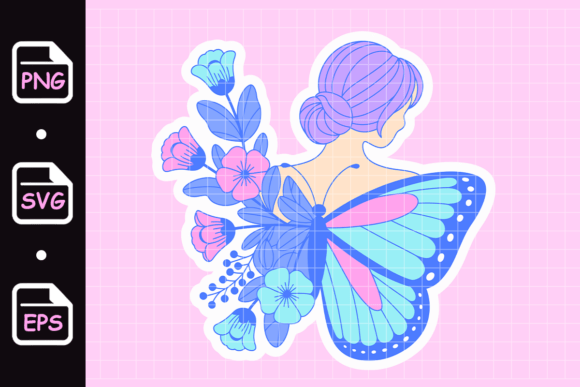 Butterfly Girl with Flowers Pastel Graphics