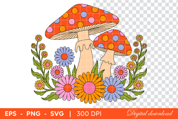 Colorful Mushrooms and Flowers Cartoon Graphics