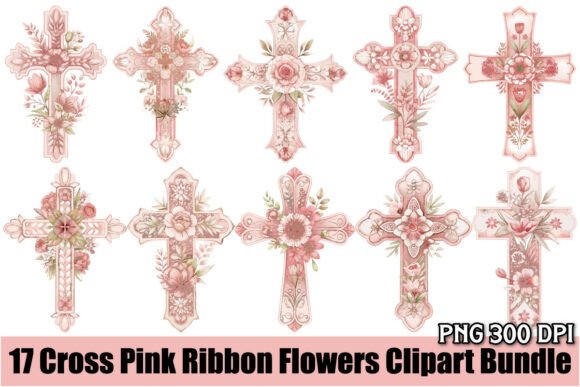 Cross Pink Ribbon Flowers Clipart Bundle for Crafts and Graphics