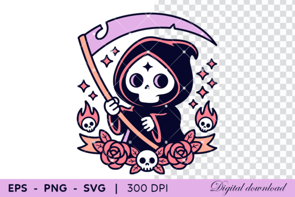 Cute Grim Reaper with Scythe and Roses Graphics