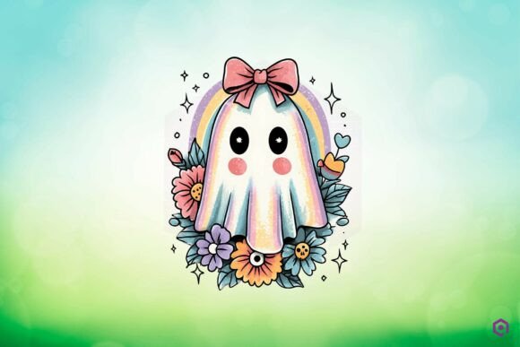 Cute Pastel Rainbow Ghost with Bow and Flowers 23