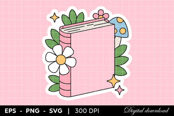Cute Pink Book with Flowers and Mushroom