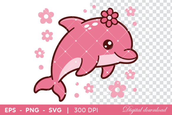 Cute Pink Dolphin with Flowers Graphics