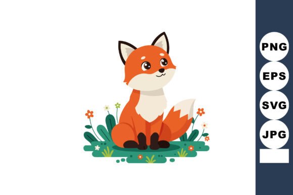 Cute Sitting Fox with Flowers and Green Graphics