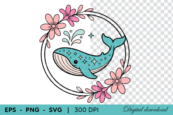 Cute Whale with Flowers Cartoon Graphics