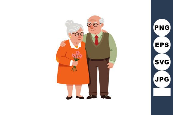 Elderly Couple Embracing with Flowers in Graphics