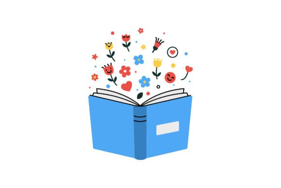 Open Book with Colorful Flowers and Play Graphics