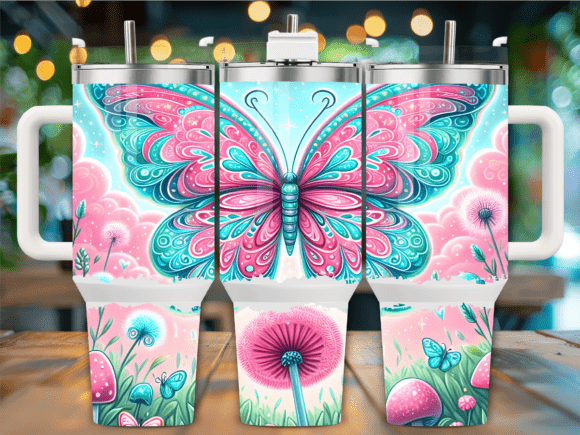 Pink Butterfly on Flowers 40oz Tumbler Graphics