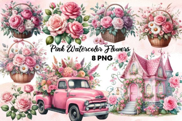 Pink Flowers Watercolour Clipart Graphics