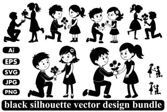 Silhouette Man and Woman Giving Flowers Graphics