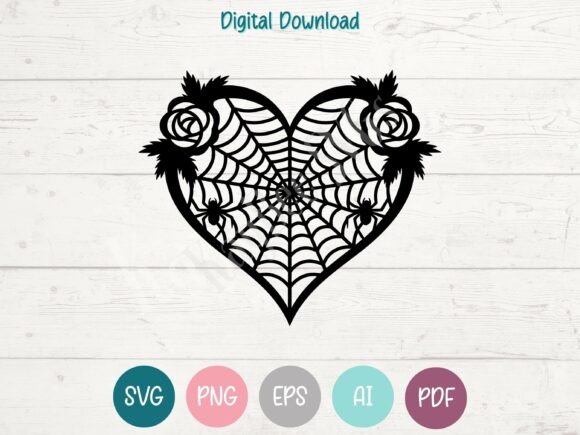 Spiderweb Heart with Roses SVG PNG EPS for Crafts and Graphics