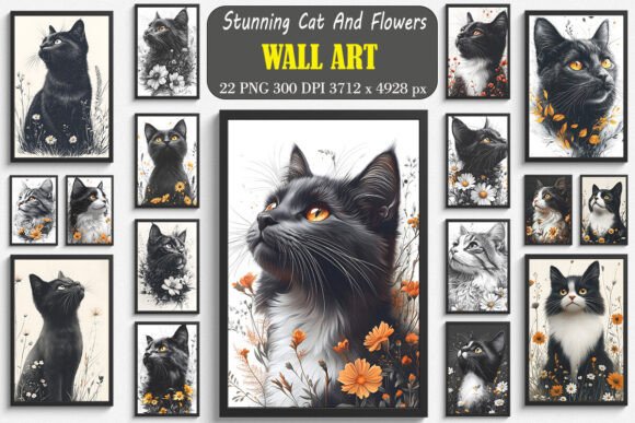 Stunning Cat and Flowers Wall Art for Graphic Design Projects