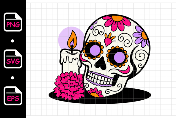 Sugar Skull with Candle and Flowers Graphics