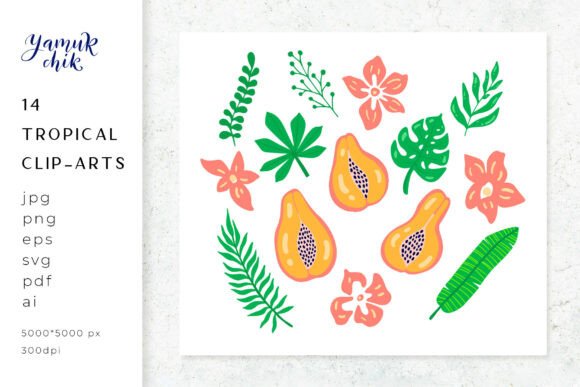 Tropical Leaves, Flowers Bundle, Papaya Graphics