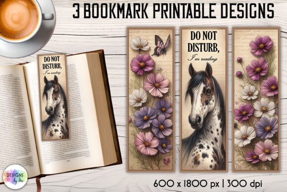 Vintage Bookmarks with Horse and Flowers Graphics for Crafts