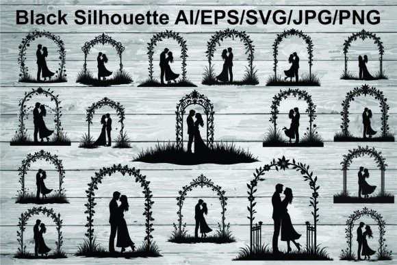 Wedding Couple Silhouette Under Flowers Graphics