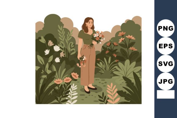 Woman Holding Flowers in Green Garden Graphics